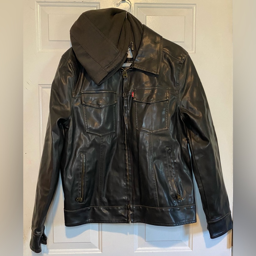 Levi’s Size Medium Men’s Cloth Hooded Faux Leather Jacket Dark Brown Zip